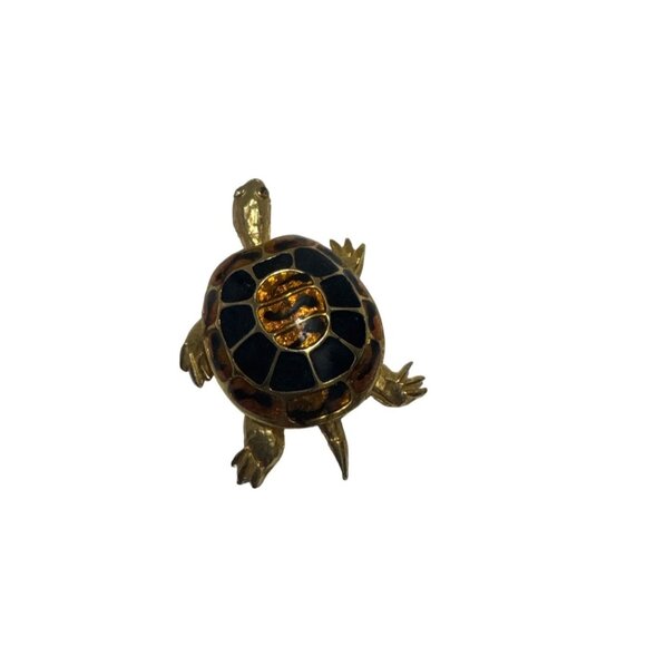 Vintage Gold Tone Black and Amber Cloisonne Turtle Pin Brooch - Picture 3 of 4